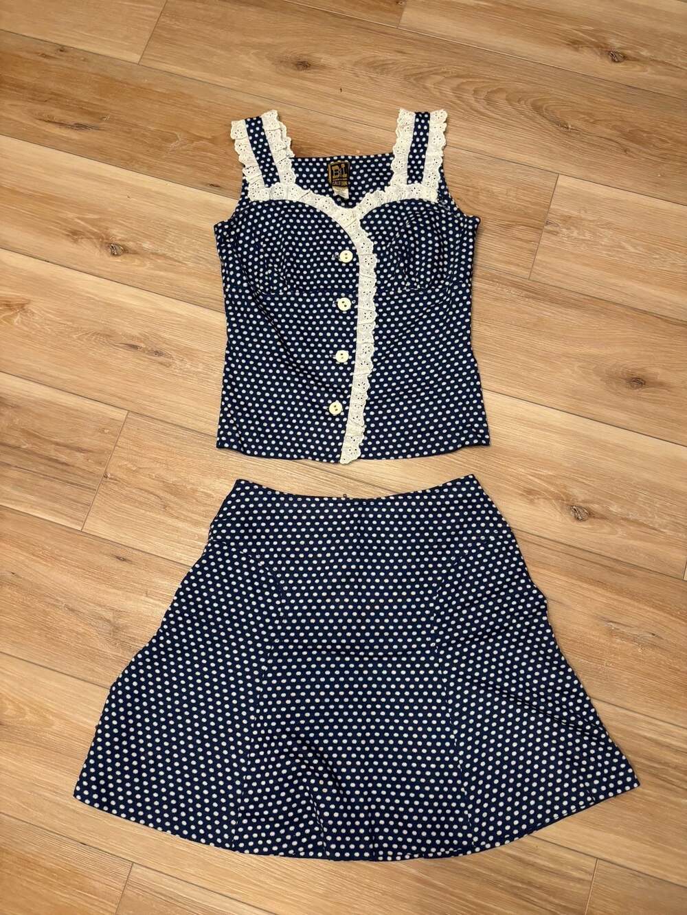 70s Betty Lou of California Vintage Navy White Polka Dot Eyelet Trim Set no size - Picture 1 of 12